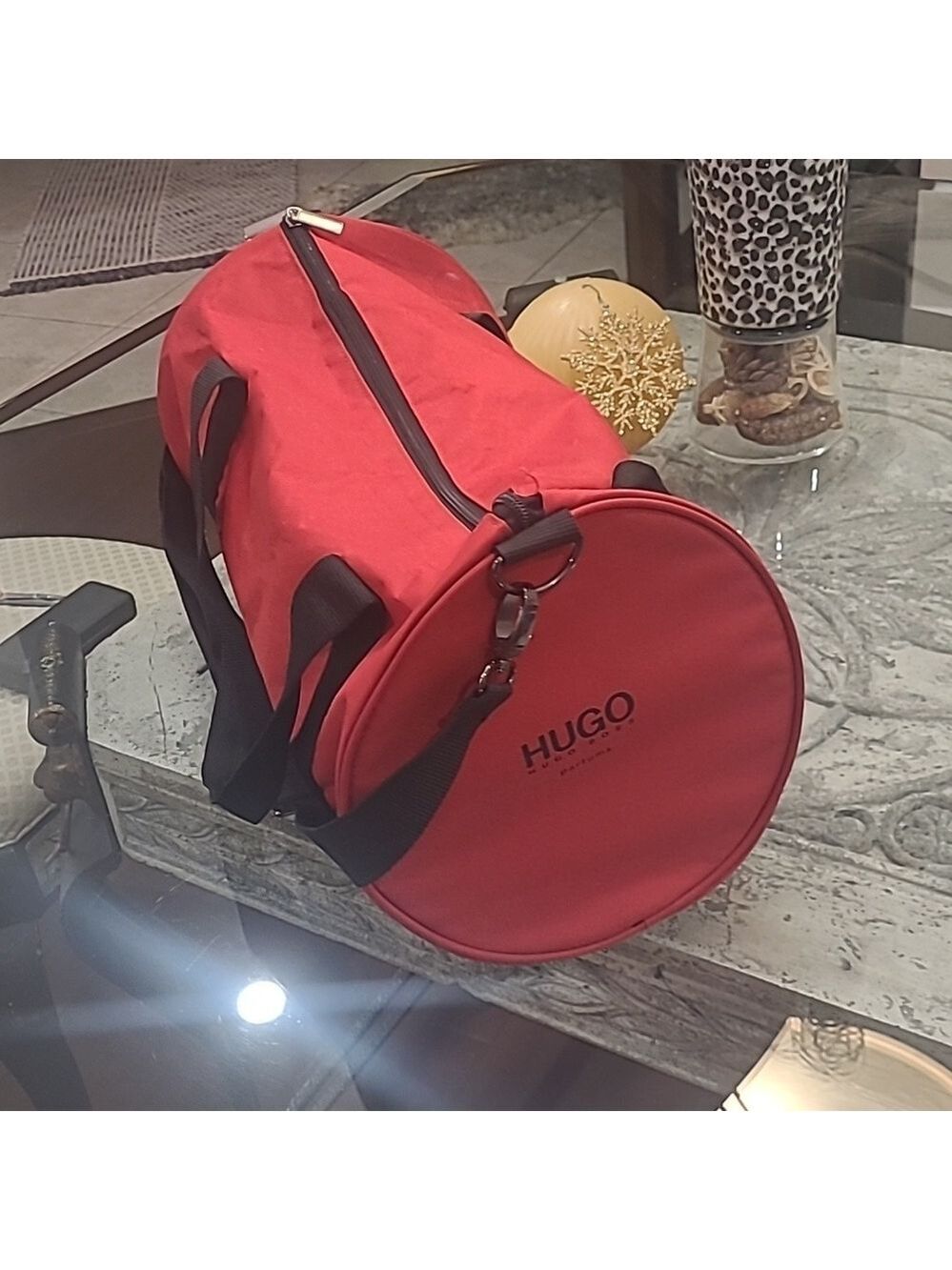 Hugo Boss Parfums Red Duffle Bag Travel Gym Handbag Black handles like new
